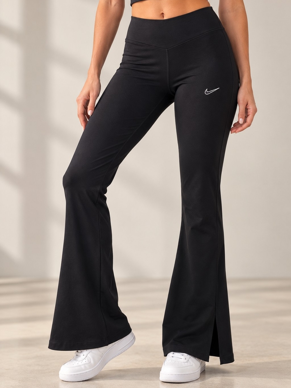 Nike Dri-FIT Womens XS Black Flare Yoga Pants High Rise Swoosh Split Hem